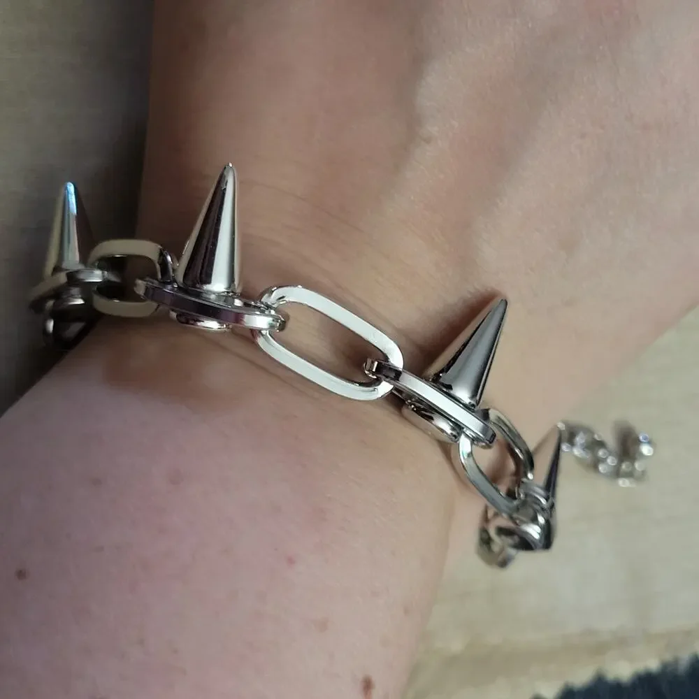 Chunky spiked silver tone adjustable bracelet